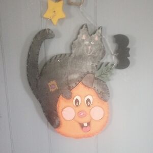 Gray and Orange Cat Pumpkin Decoration, Halloween Vintage Decor 1999